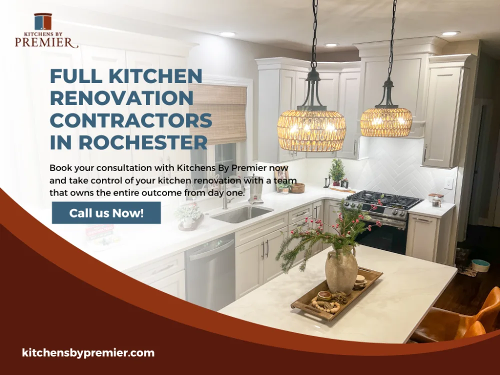 Why Homeowners Choose Full Kitchen Renovation Contractors Over Piecemeal Remodels 1 Rochester kitchen renovation with island, pendant lights, and cabinetry